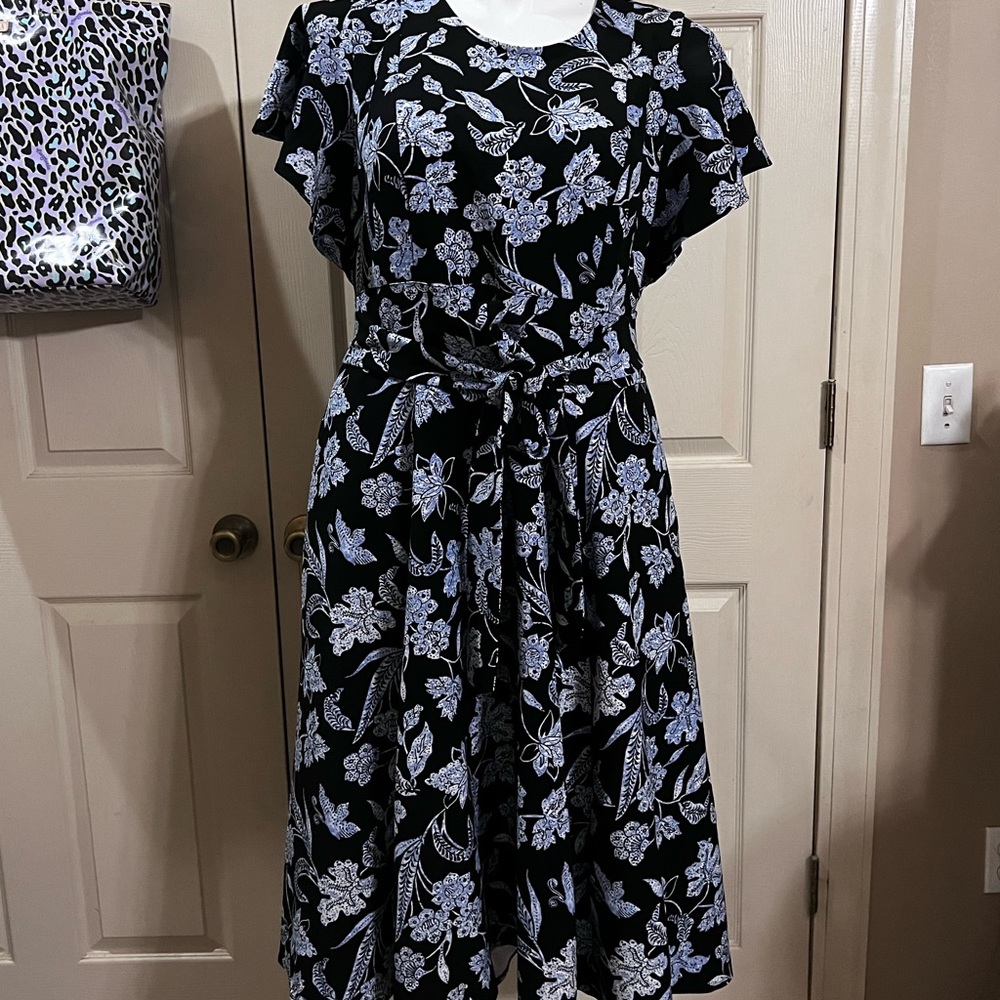 Lane Bryant Black and Blue Floral Midi Dress with Flutter Sleeves